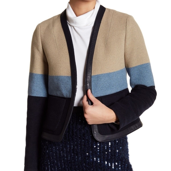 Tory Burch Leather Trim Blanket‎ Stripe Jacket sz 6 NWT - Picture 2 of 16